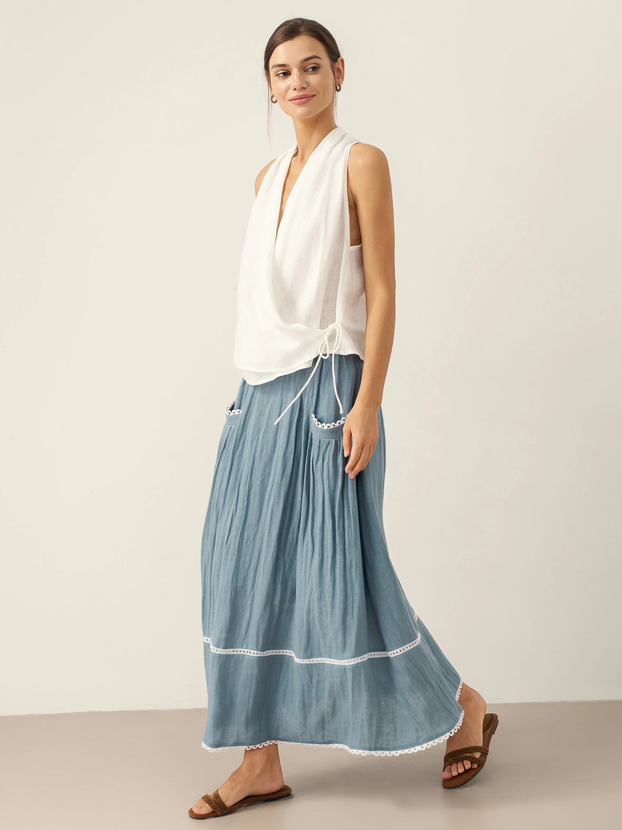 100% Linen Halter Neck Tie-Front Crop Top FAYE