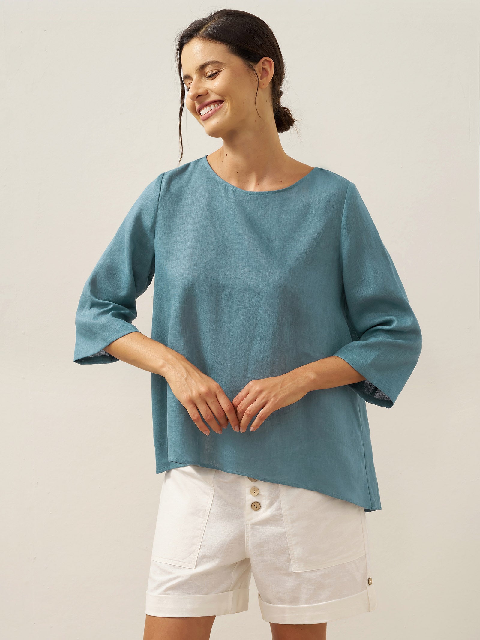 100% Linen Round Neck Asymmetrical Hem Top BRIANNA