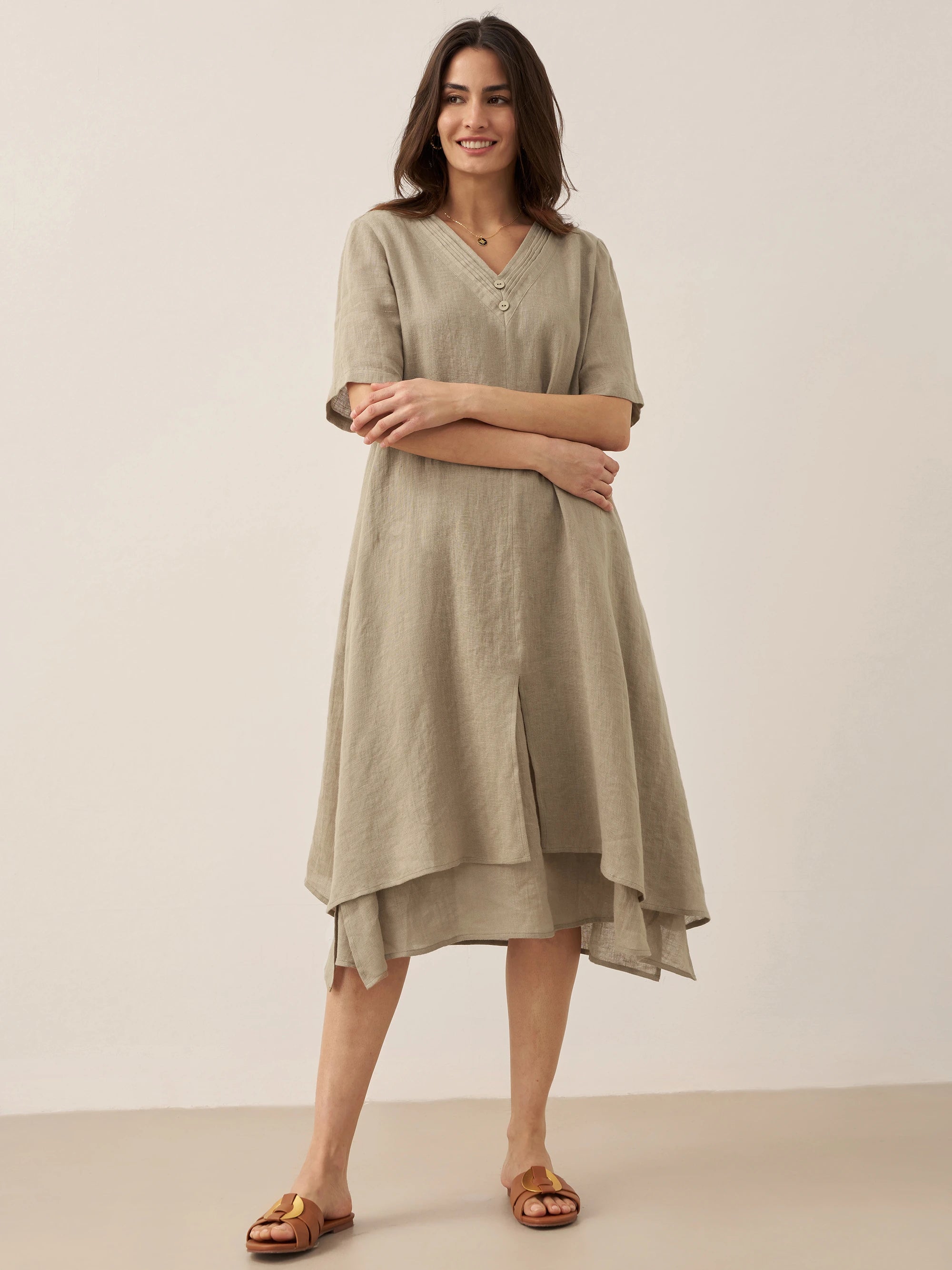100% Linen V-Neck Double-Layer Midi Dress JAYDA