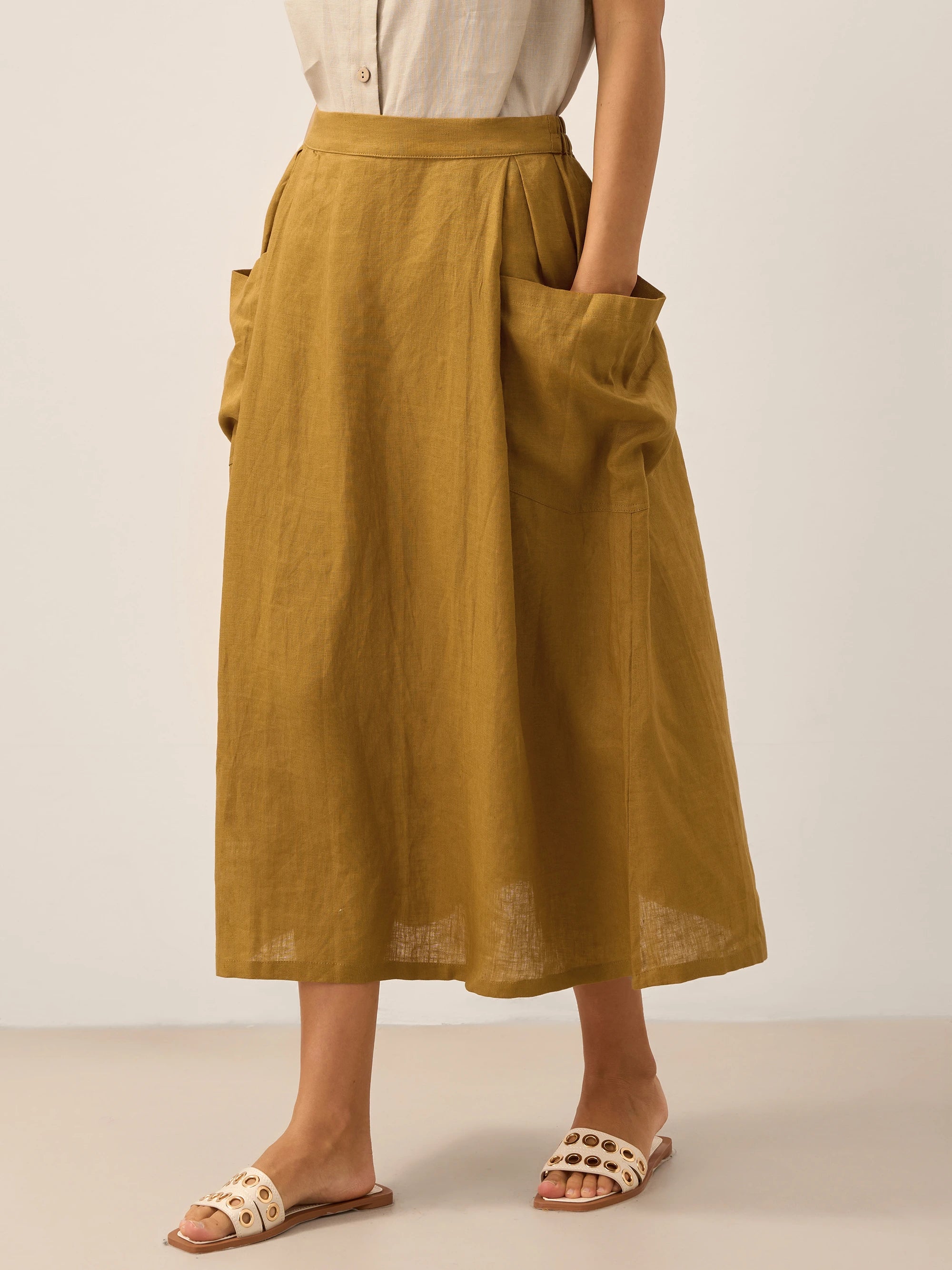 100% Linen Elastic Waist Skirt MARINA