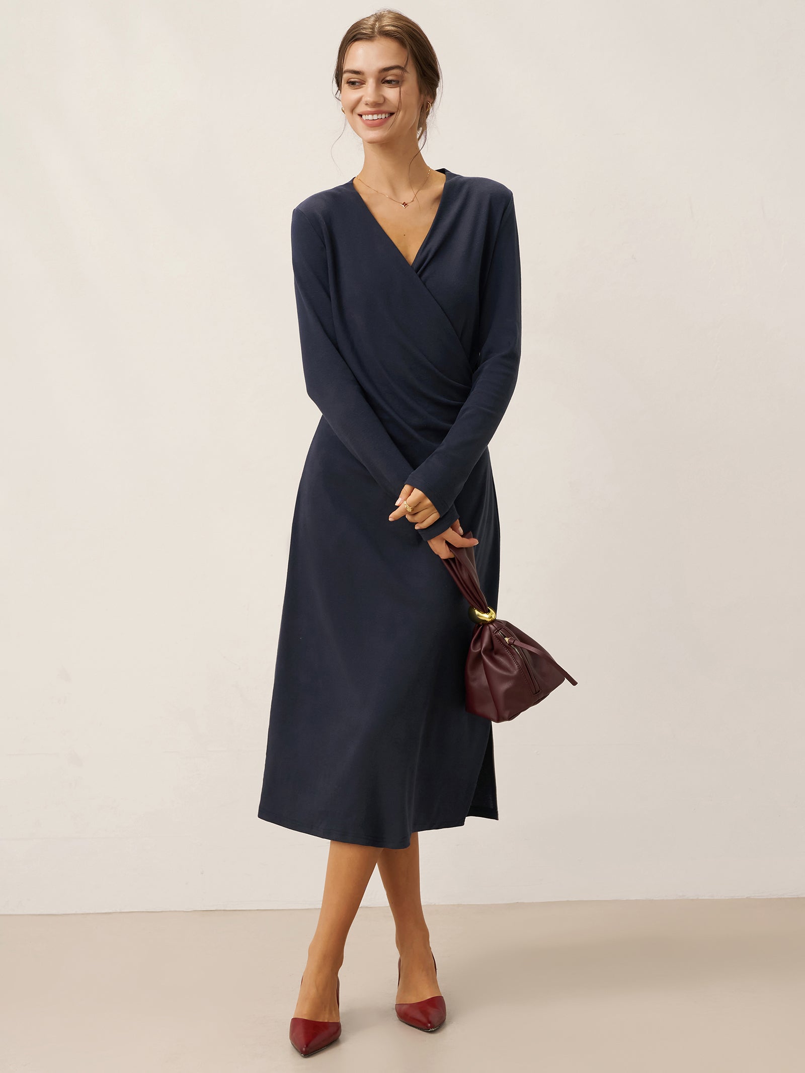 Linen Crossover V-Neck Wrap Stretch Midi Dress MARNIE