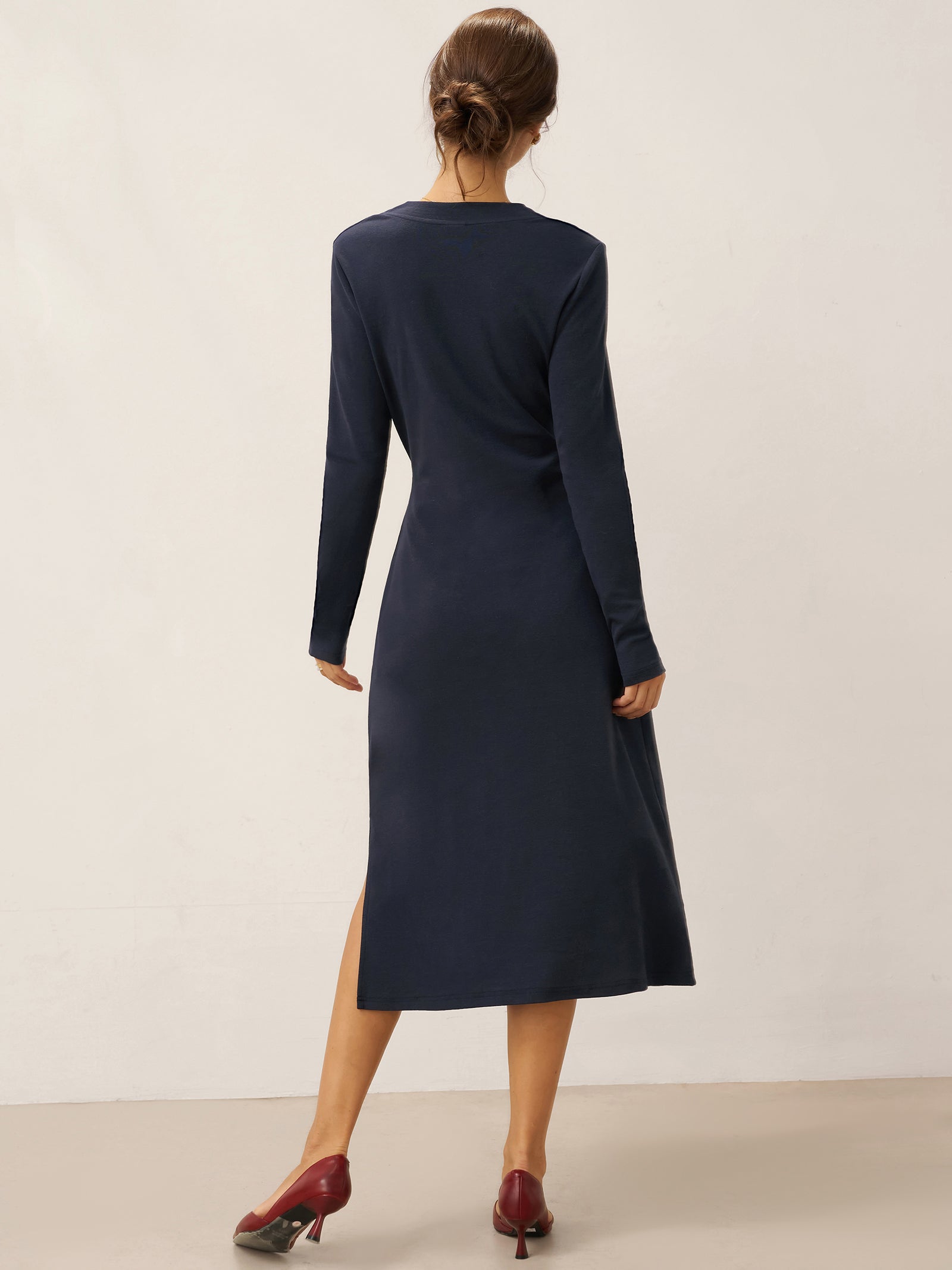 Linen Crossover V-Neck Wrap Stretch Midi Dress MARNIE