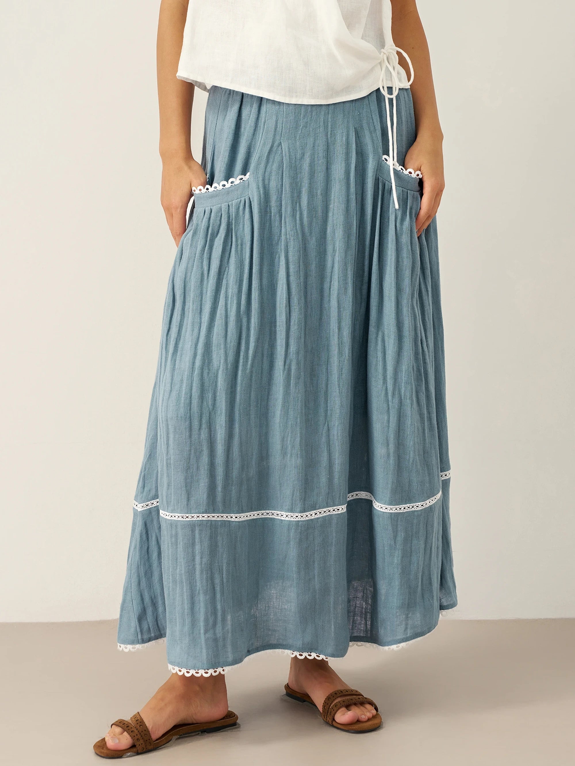 100% Linen Lace-Up Pocket Skirt FENLA