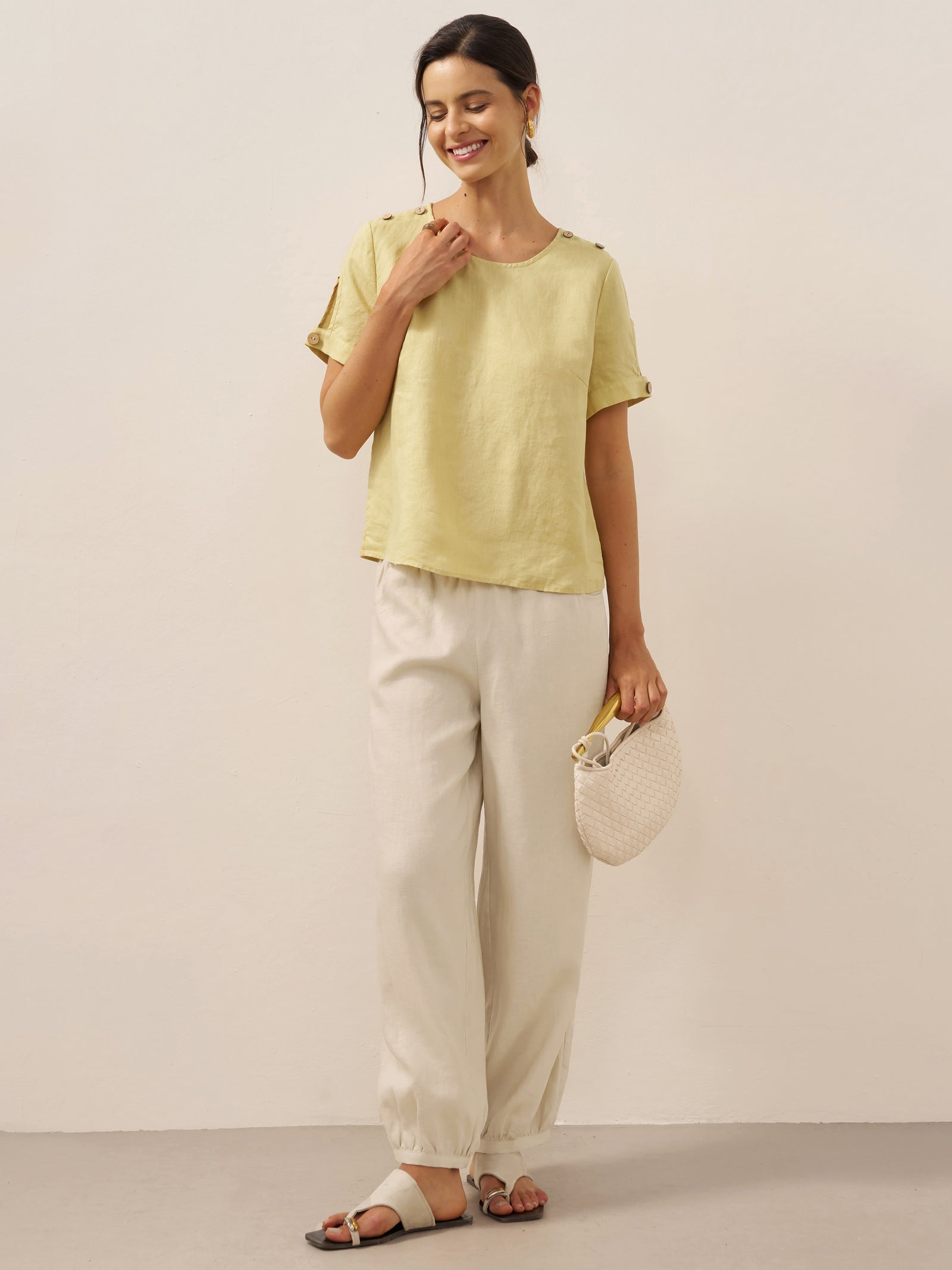 100% Linen Eyelet Short Sleeve Pullover Top ADA