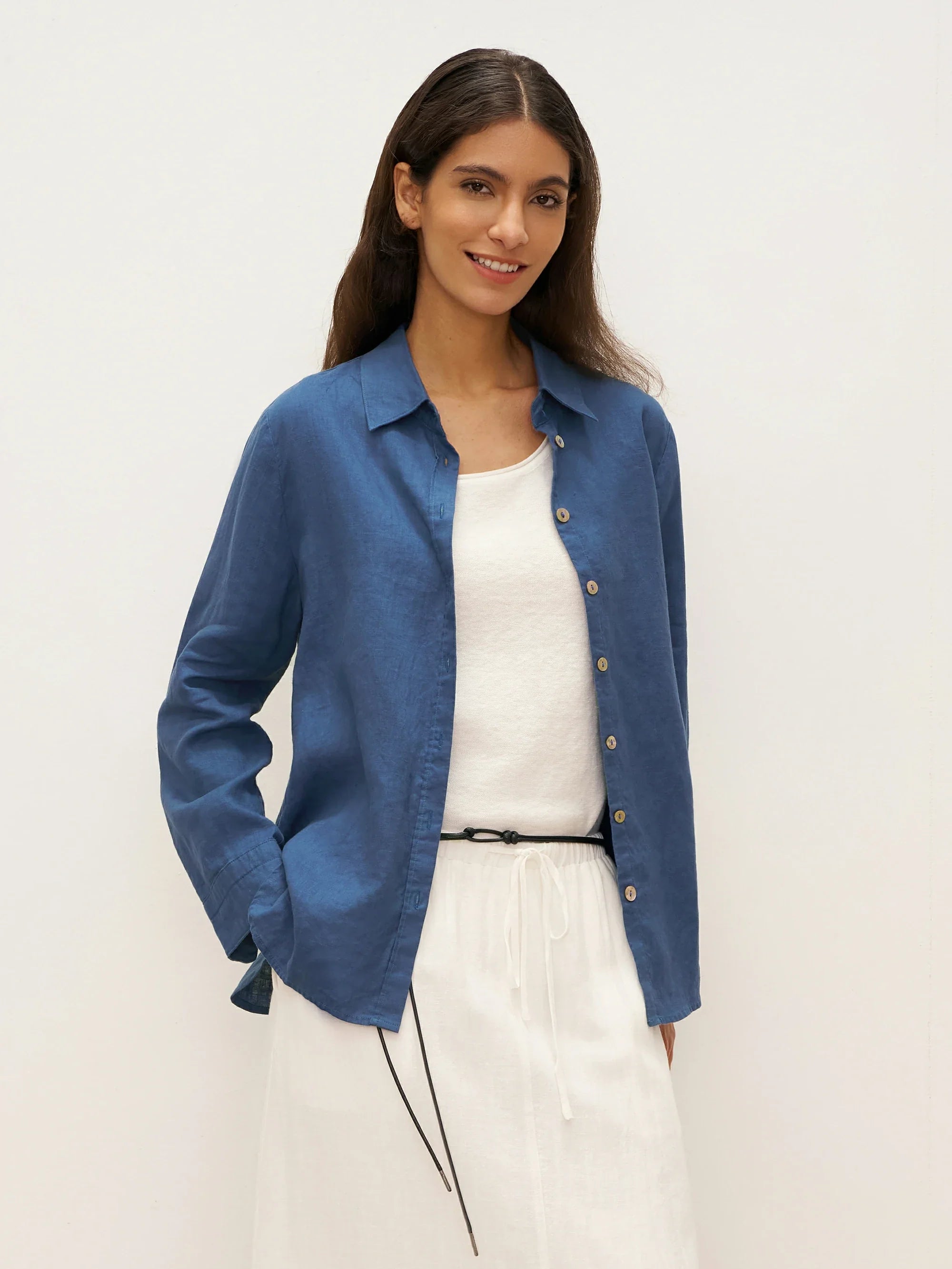 100% Linen Button-Front Shirt with Extended Hem JOVAN