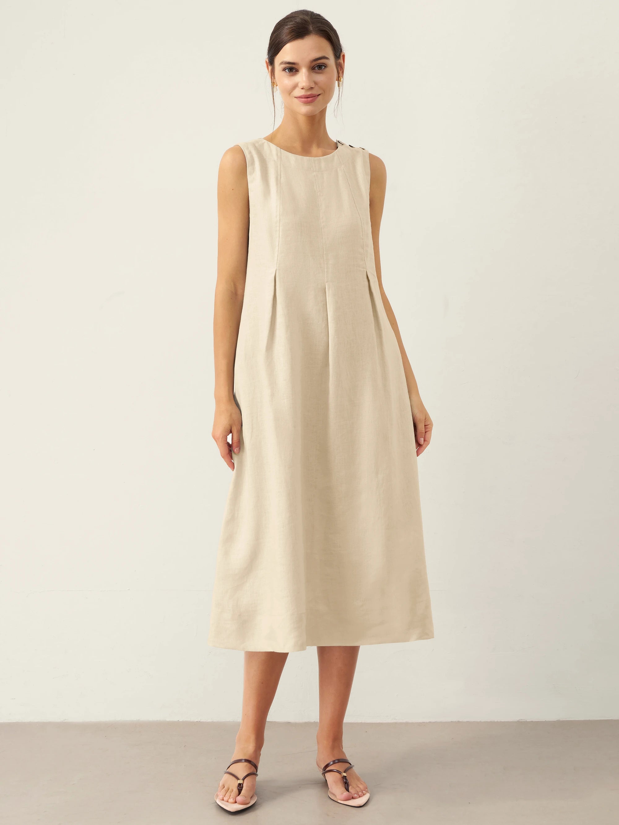 100% Linen Sleeveless Shoulder Button Midi Dress FREYA