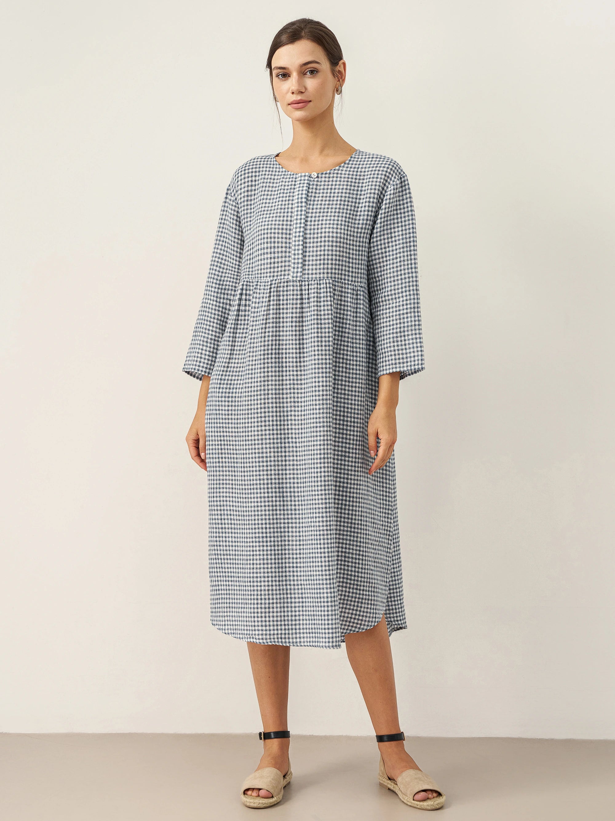 Linen Check Long Sleeve Midi Dress FIRTH