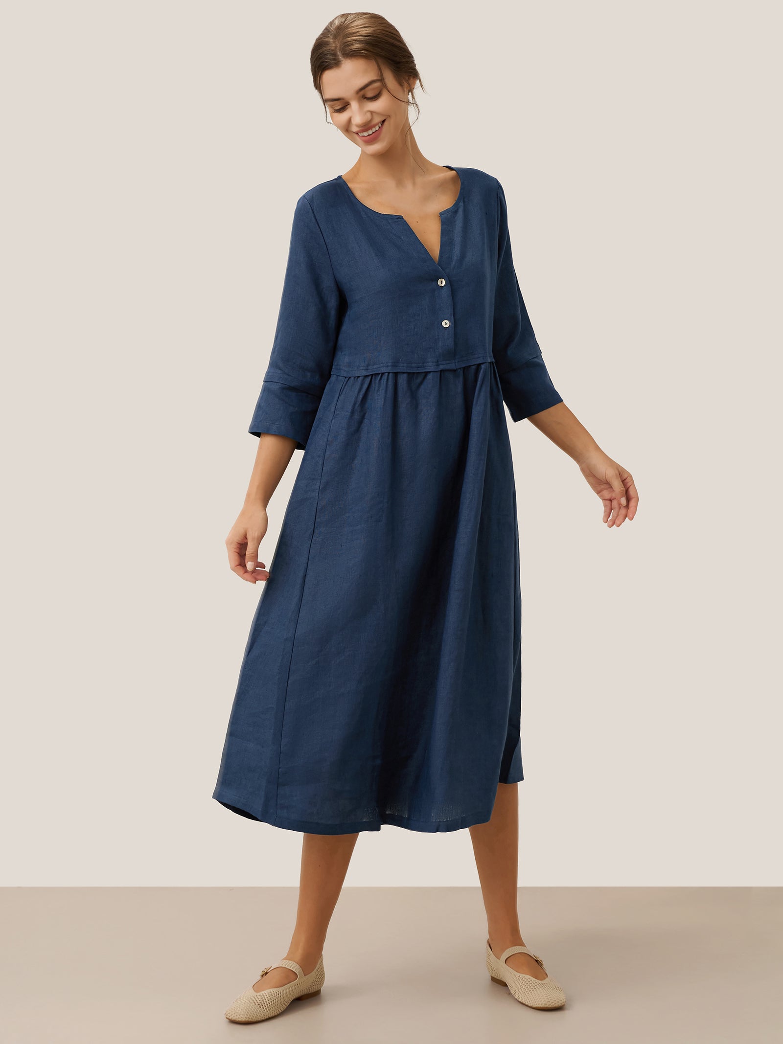 100% Linen Loose Fit Button Waist Gathered Maxi Dress LUNA