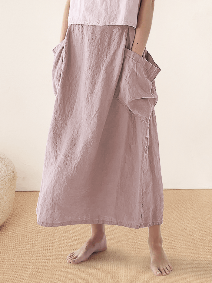 Linen Checked Elastic Waist Skirt ONYX