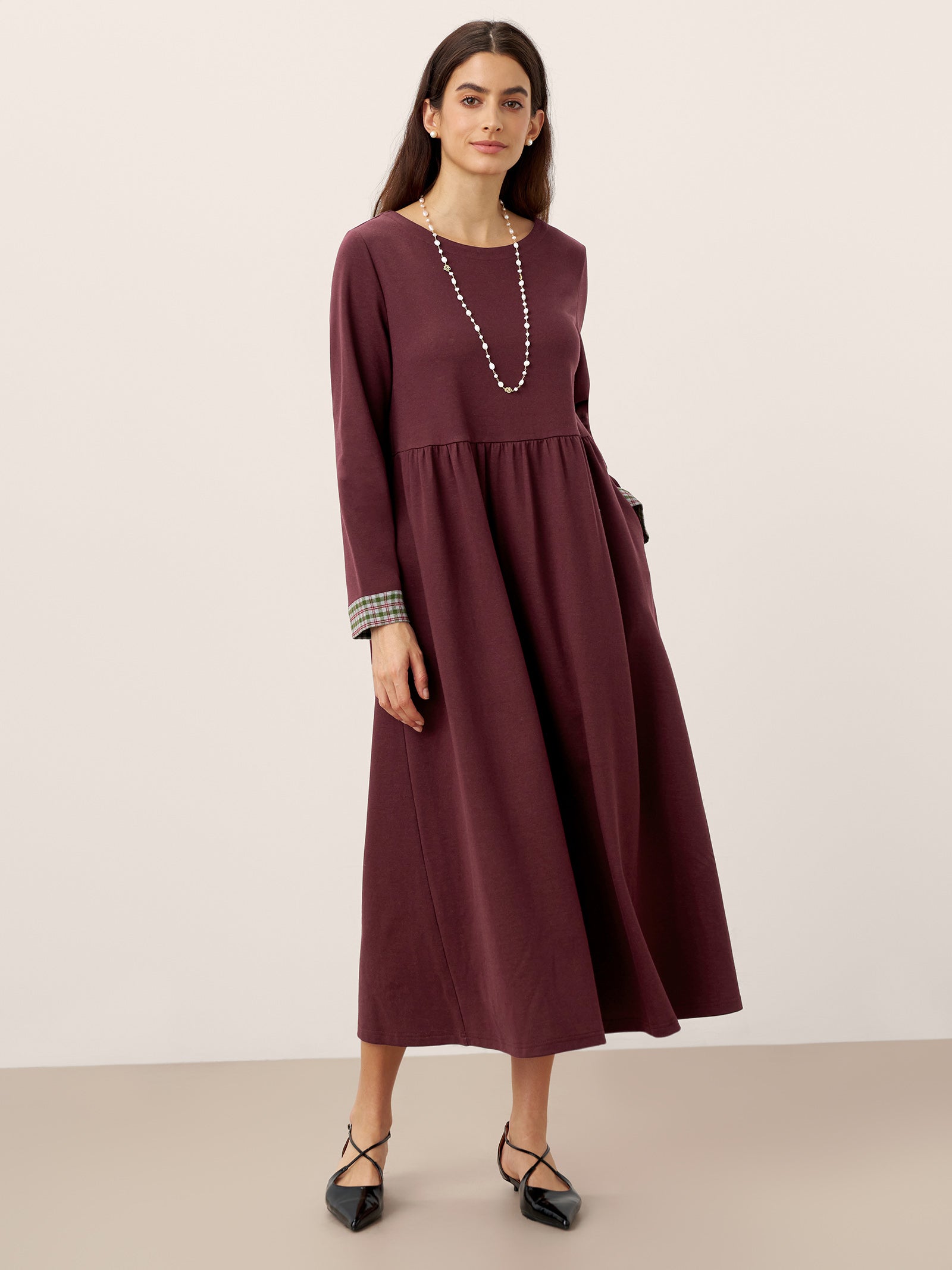 Cotton Patchwork Cuff Crew Neck Casual Maxi Dress SCARLETT